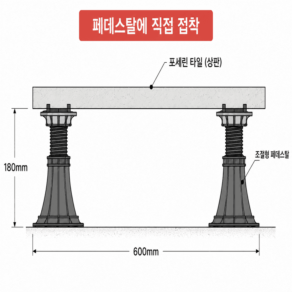 페데스탈 2개가 600mm 간격으로 배치되고 상판 타일만 얹힌 상태, 측면 타일 시공 전