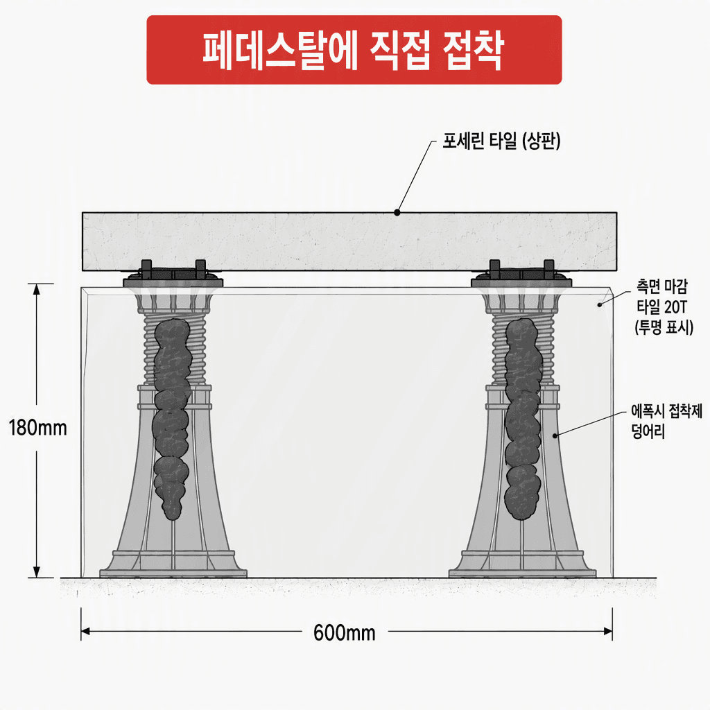 페데스탈 측면에 에폭시 접착제로 측면 마감 타일을 직접 부착한 상태, 높이 180mm 구조