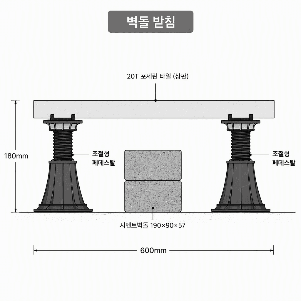 페데스탈 2개 사이에 190×90×57mm 시멘트벽돌 받침 2장이 놓이고 측면 타일은 없는 상태