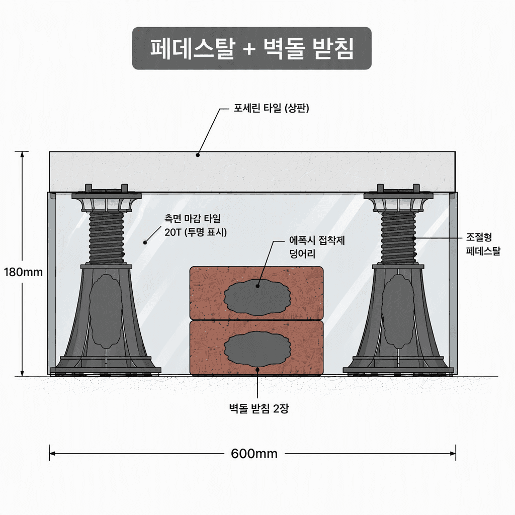 페데스탈과 시멘트벽돌 받침 위에 에폭시 접착제로 측면 마감 타일을 부착한 상태