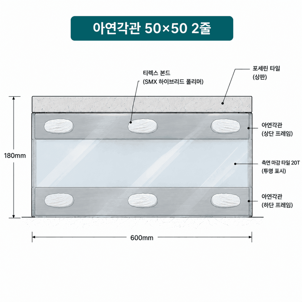 아연각관 50×50 프레임에 SMX 하이브리드 폴리머 접착제(티렉스 본드)로 측면 마감 타일을 부착한 상태
