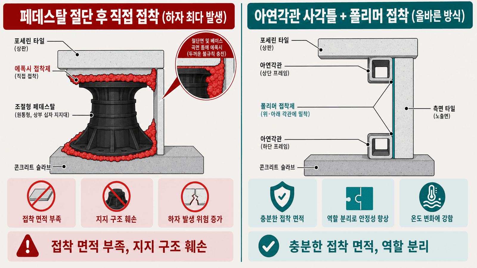 페데스탈 절단 후 직접 접착과 아연각관+폴리머 접착 방식 비교 - 왼쪽은 페데스탈을 잘라 에폭시로 직접 붙여 하자가 발생하는 잘못된 시공, 오른쪽은 아연각관 사각틀에 폴리머 접착제로 측면 타일을 밀착시키는 올바른 시공