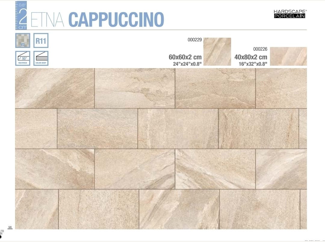 경기도 광주 타운하우스 모우림 데크 — 사용 타일 규격 — ETNA CAPPUCCINO, 600×600mm/400×800mm, 두께 20T, 미끄럼저항등급 R11, 렉티파이드(측면 직각 가공), 컬러바디(전면 착색 타일)